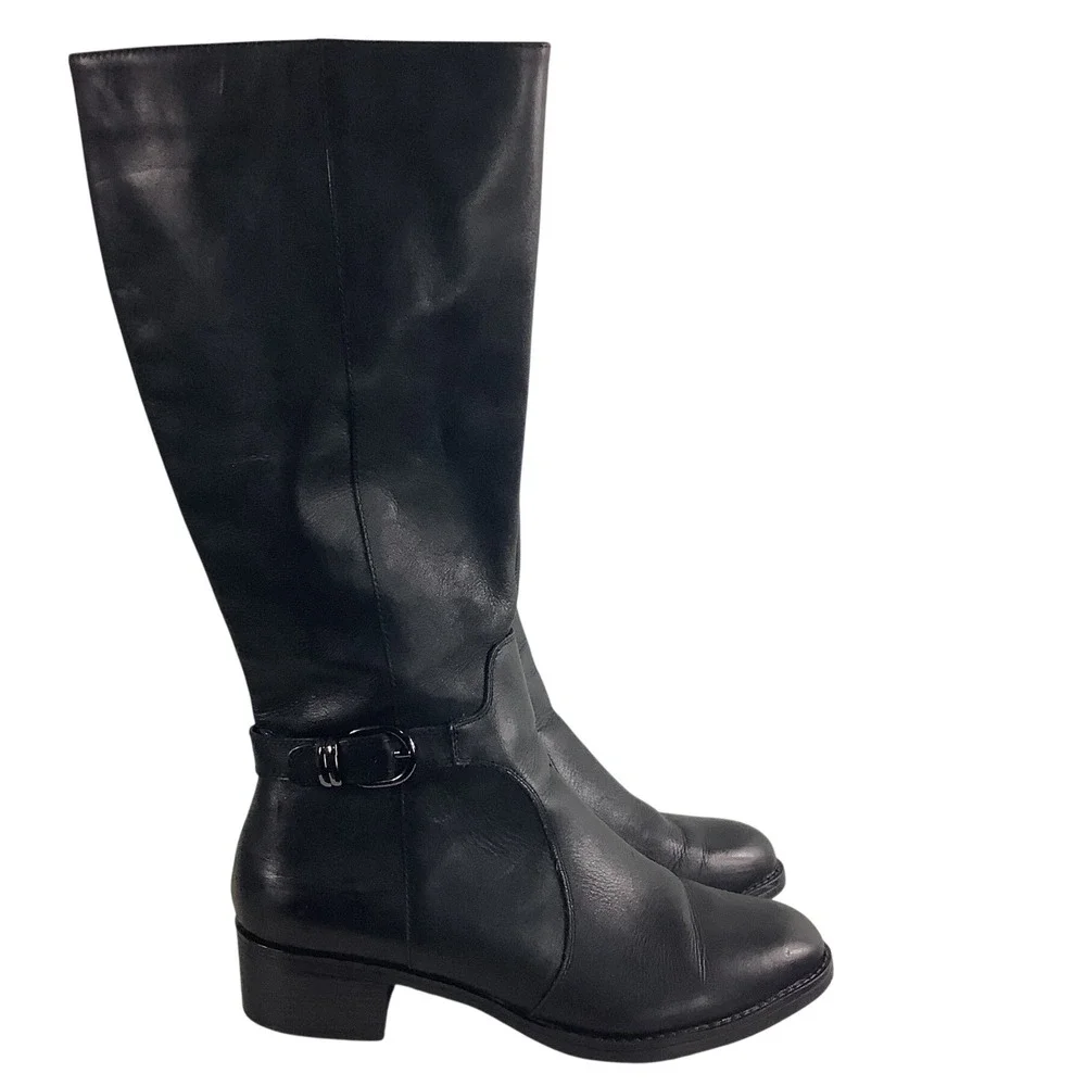 Franco Sarto Cecily Black Leather Knee High Boots Wide 11W 733410 Low Heel